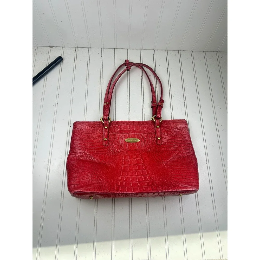 Brahmin Vintage Medium Asher Red Croc Embossed Leather Handbag Tote $325